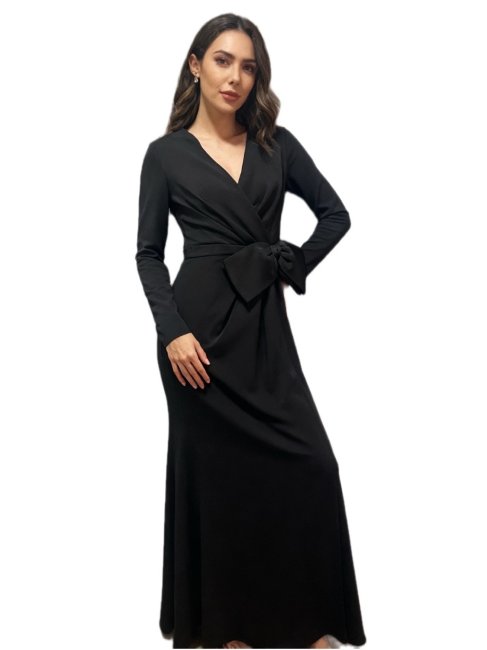Black Long-Sleeve Wrap Maxi Dress with Waist Bow
